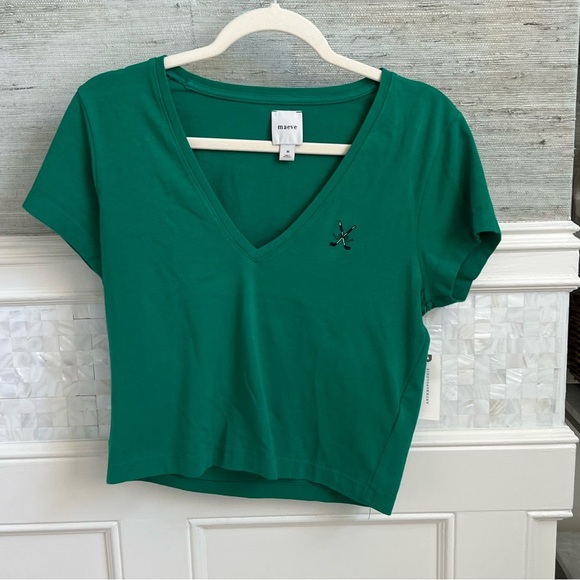 NWT new medium Anthropologie Maeve v neck tee shirt top embroidered golf green - Picture 3 of 17